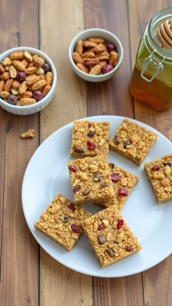 Nutty quinoa granola bars on a plate with nuts and honey in the background.